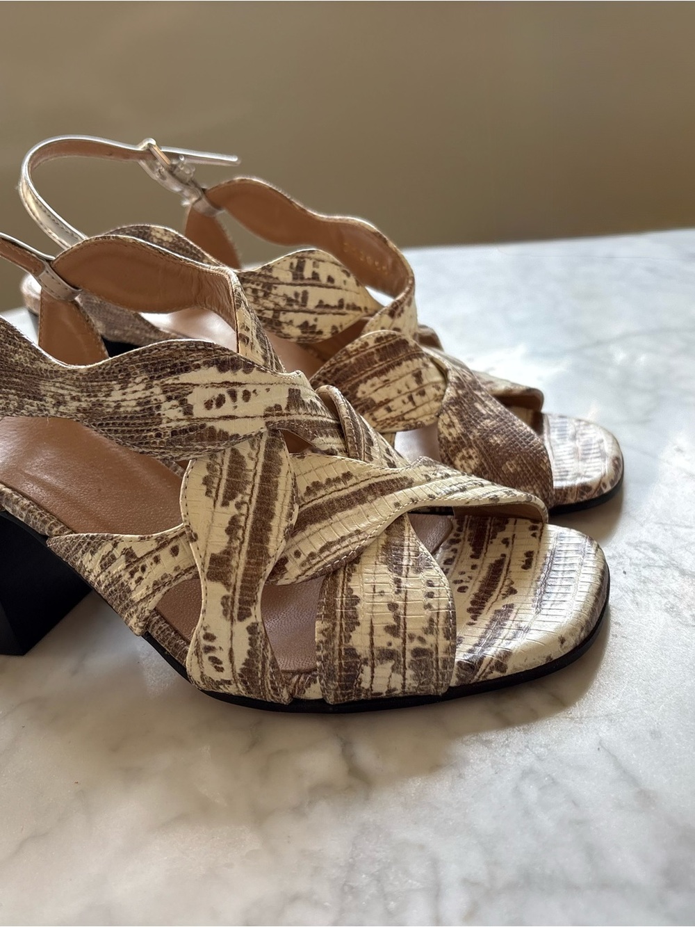 Chloe Cream and Brown Patterned Slingback Block Heel Sandals